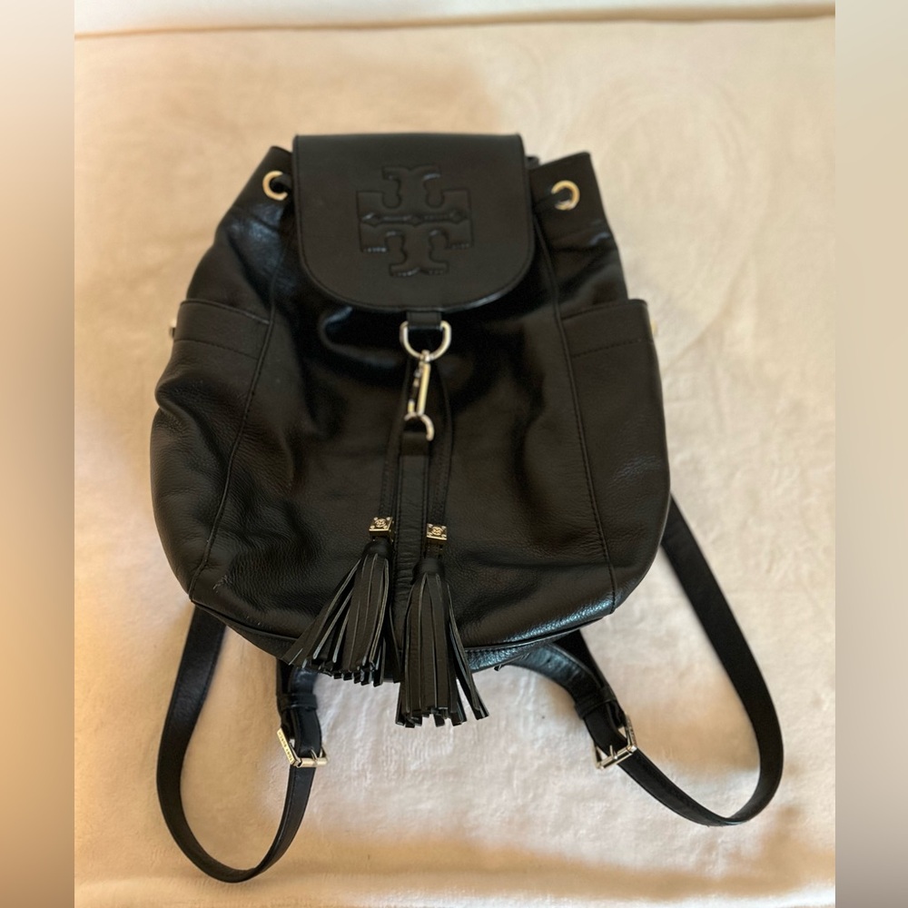 Tory Burch Black Leather Logo Drawstring Backpack - Picture 7 of 16